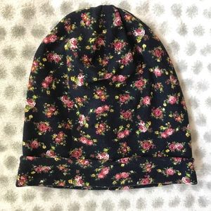 Navy blue beanie with floral pattern